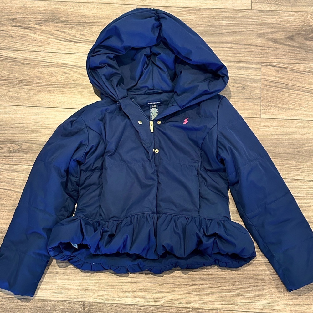 Ralph Lauren Girls XL 16 Navy Blue Down Hooded Jacket with Peplum Detail - Picture 2 of 7
